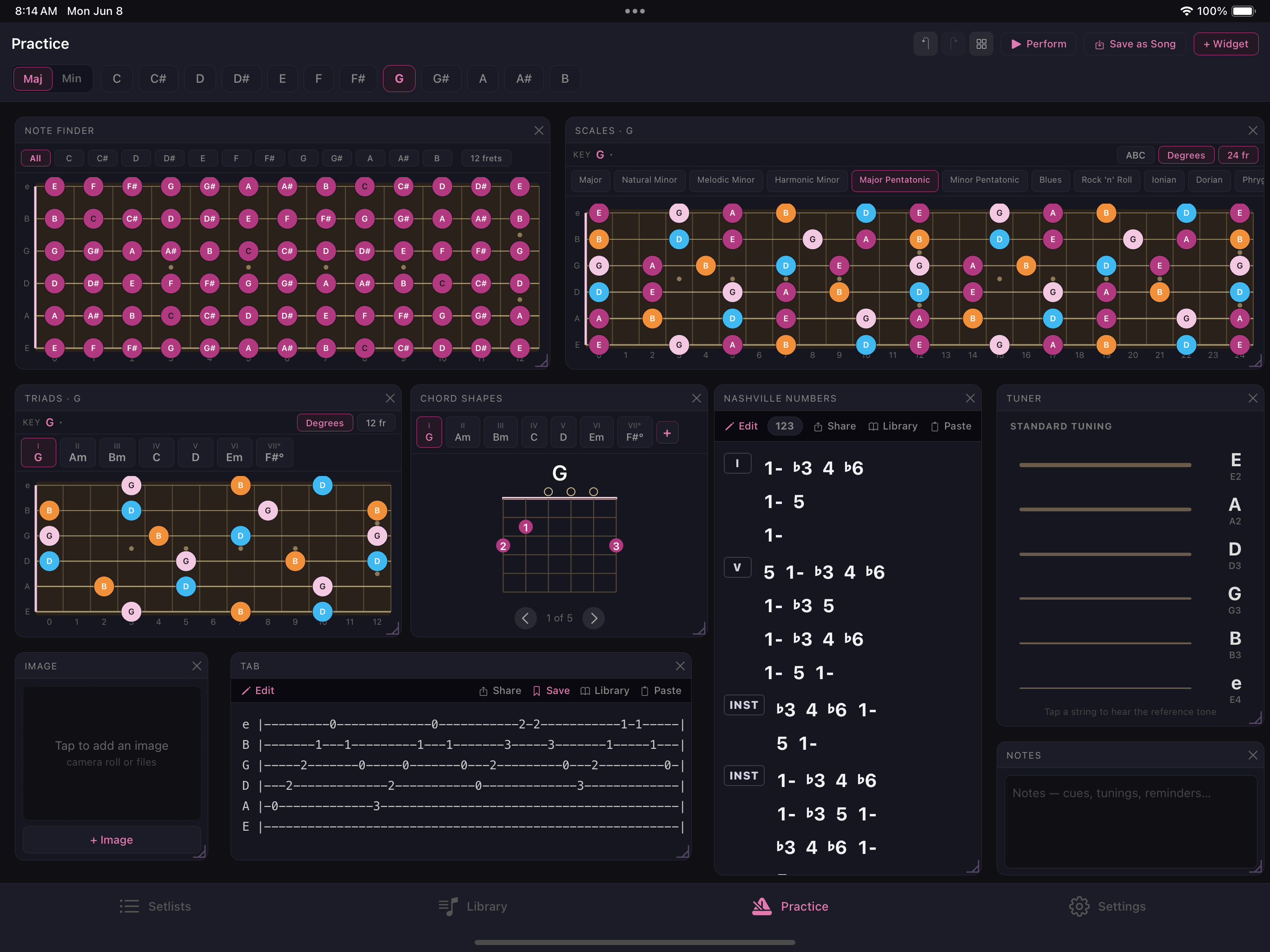 SetMate Practice Mode with Note Finder, scales, triads, chord shapes, tabs, Nashville numbers, and tuner