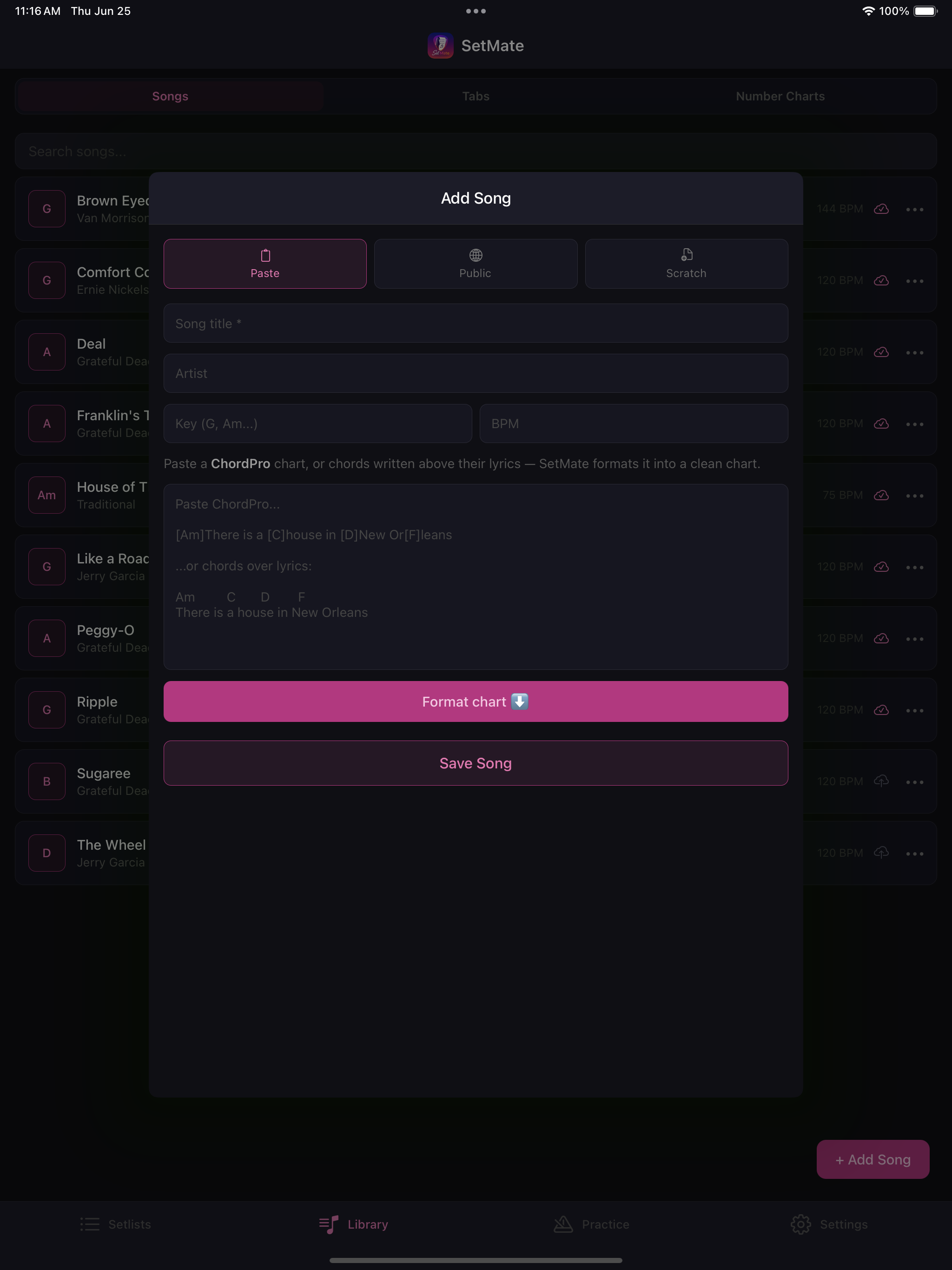 SetMate song import — paste a chord chart