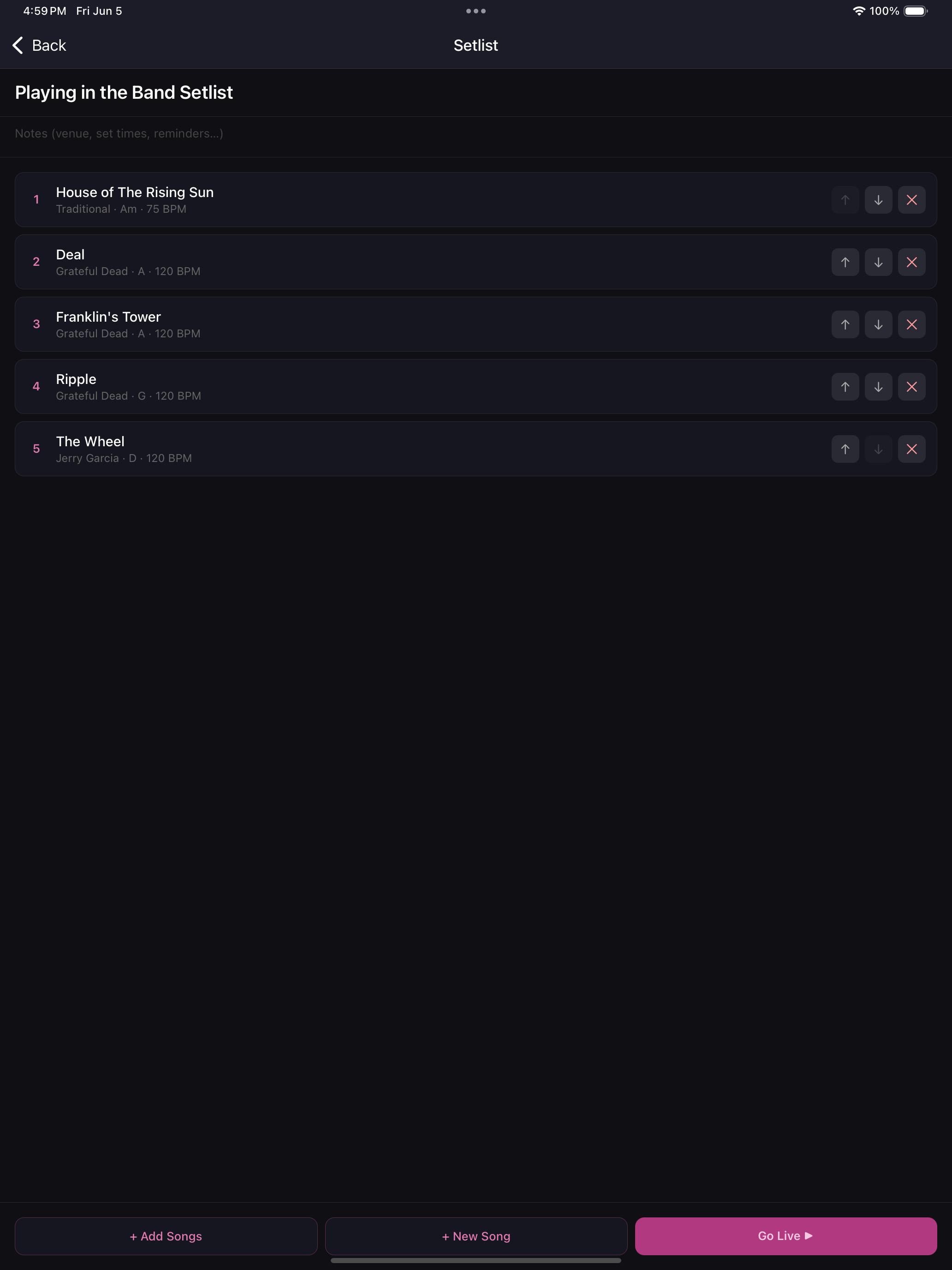 SetMate setlist view