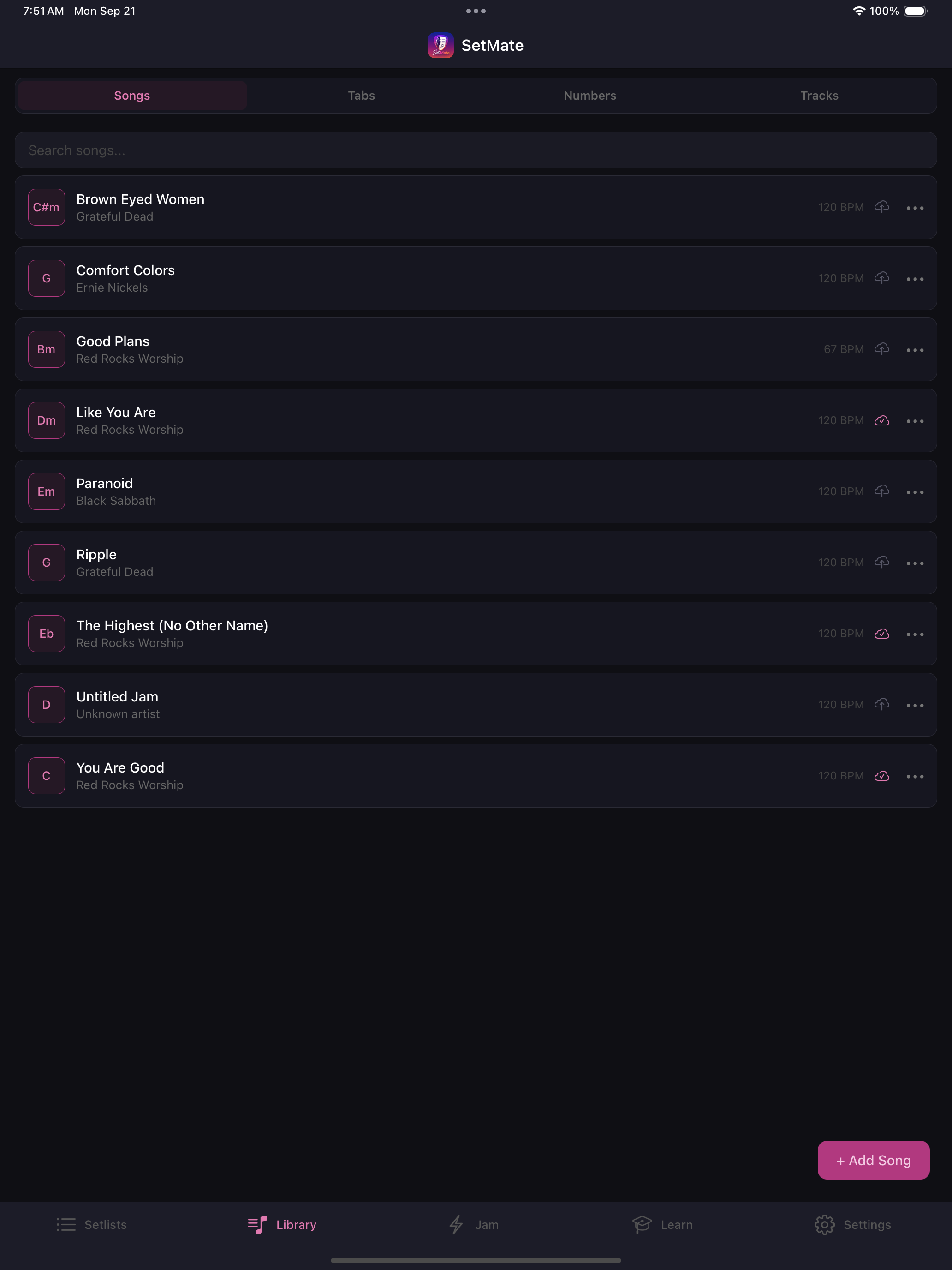 SetMate song library with Songs, Tabs, Numbers and Tracks