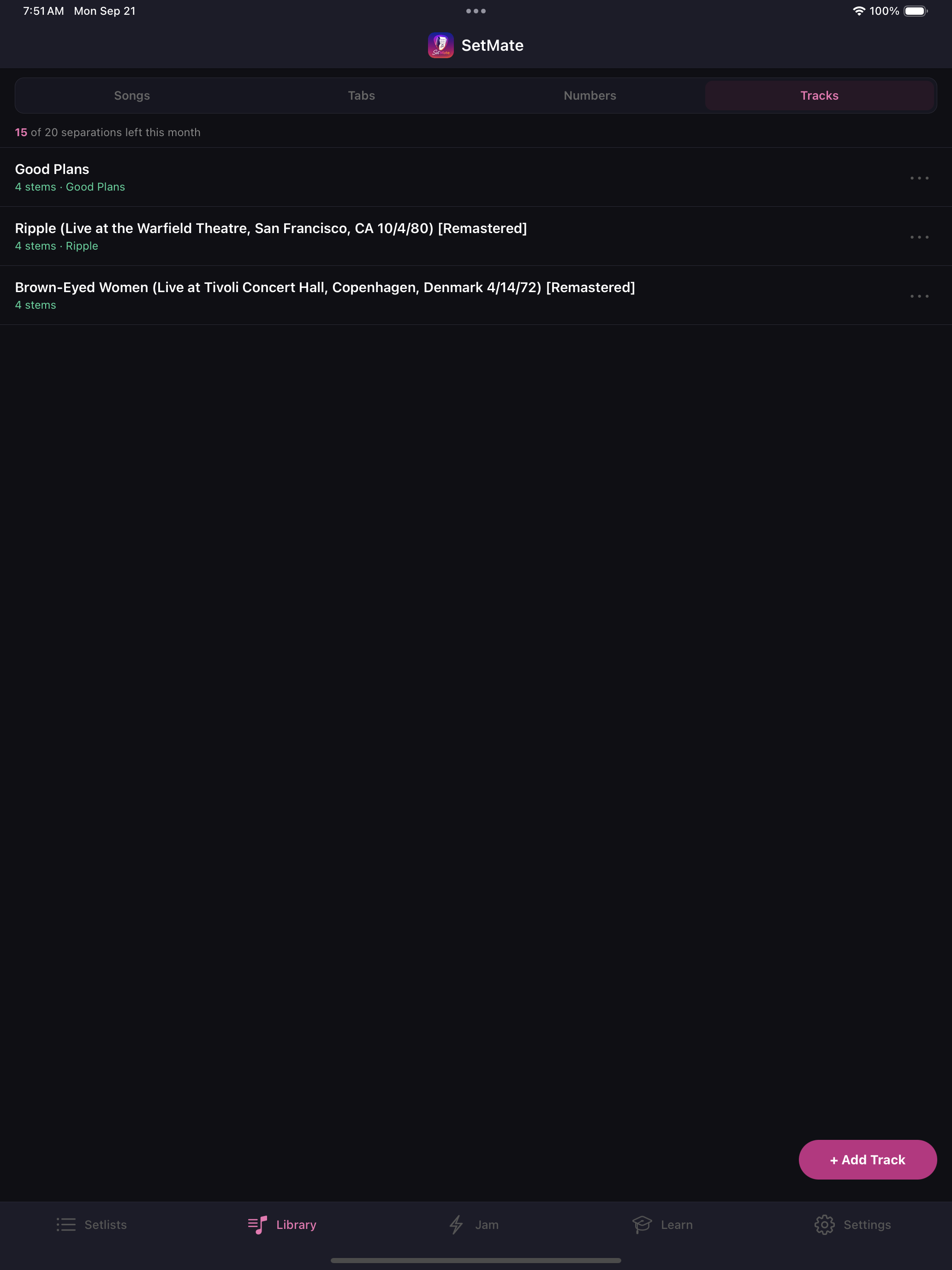 SetMate Tracks library showing imported songs separated into stems