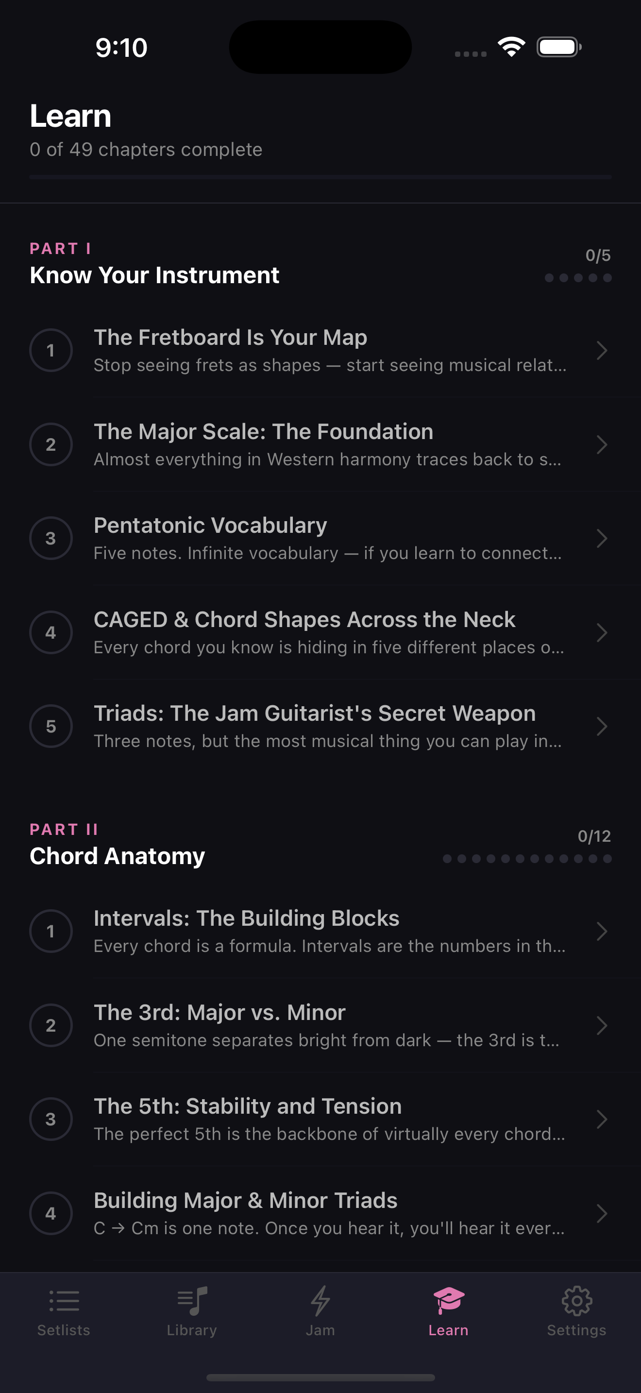 SetMate Learn tab showing the 49-chapter guitar curriculum